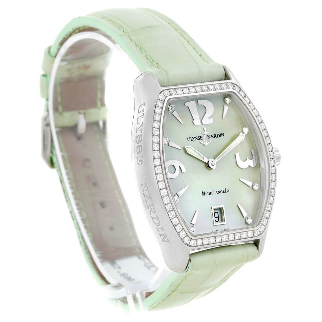 The Michelangelo Midsize Steel Diamond Watch 113-48 model by Ulysse Nardin 113-48 Women's Stainless Steel Mother of Pearl Dial 113-48 Women's Stainless Steel Mother of Pearl Dial is shown at a slight angle showcasing its face, bezel, and green strap.