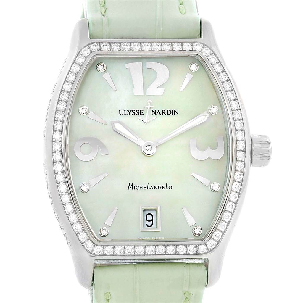 The image shows a front view of the Ulysse Nardin 113-48 Women's Stainless Steel Mother of Pearl Dial 113-48 Women's Stainless Steel Mother of Pearl Dial Michelangelo Midsize Steel Diamond Watch 113-48, highlighting the dial, bezel, and strap.