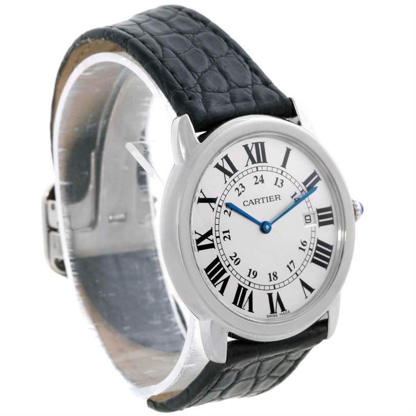 The image shows a Cartier Ronde W6700255 Stainless Steel Silver Dial W6700255 Stainless Steel Silver Dial watch from a front-side angle, highlighting its face, Roman numerals, and black leather strap.