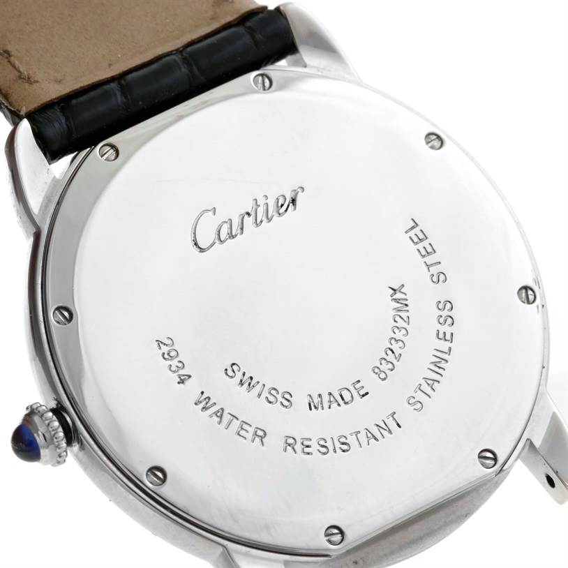 This image shows the back case of the Cartier Ronde W6700255 Stainless Steel Silver Dial W6700255 Stainless Steel Silver Dial watch, featuring its branding and specifications.
