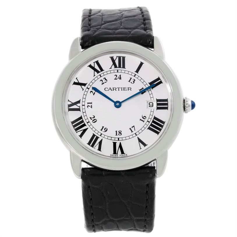 The image shows a front view of the Cartier Ronde W6700255 Stainless Steel Silver Dial W6700255 Stainless Steel Silver Dial watch, highlighting its face, Roman numerals, and black leather strap.