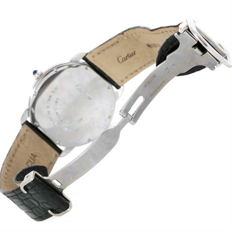 The image shows the back view of a Cartier Ronde W6700255 Stainless Steel Silver Dial W6700255 Stainless Steel Silver Dial model watch, including the leather strap and deployant clasp.