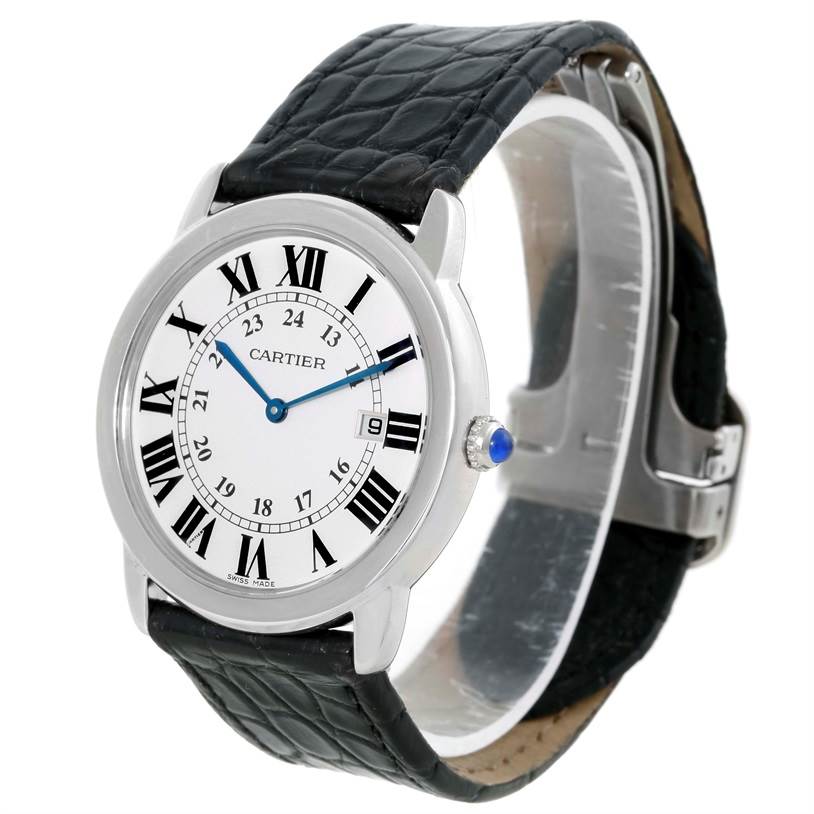 The Ronde model by Cartier is shown at an angled view, highlighting the watch face, crown, black leather strap, and clasp.