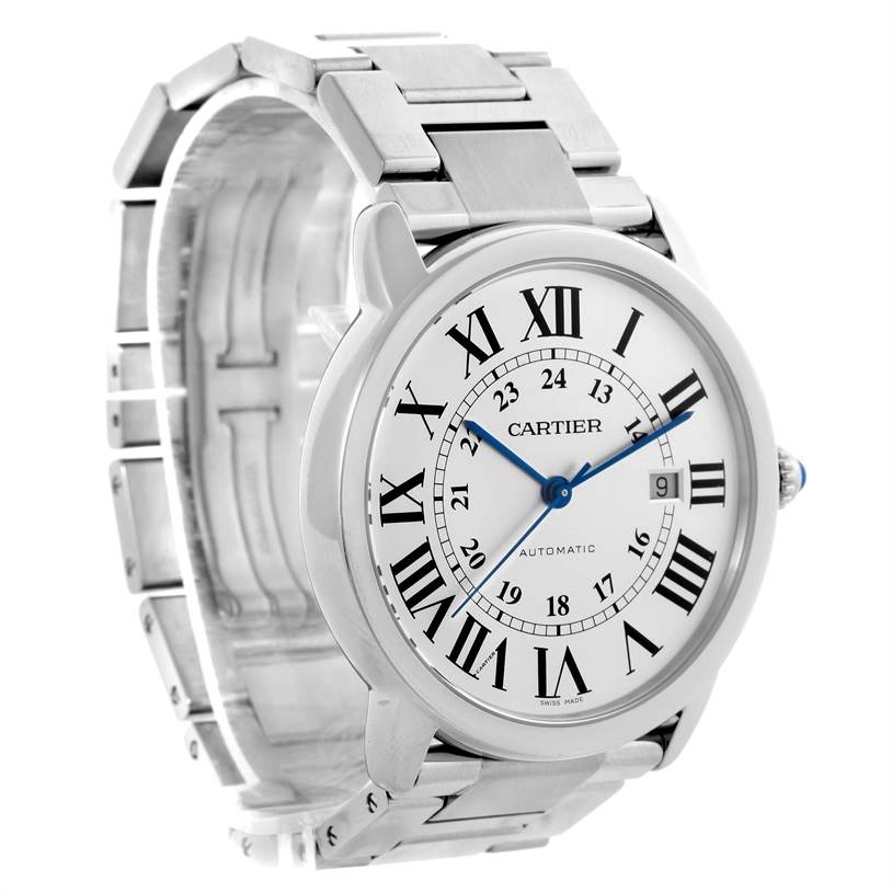 The Cartier Ronde W6701011 Men
s Stainless Steel Silver Dial W6701011 Men
s Stainless Steel Silver Dial watch is shown at a slight angle, displaying its face, Roman numerals, and metal bracelet.