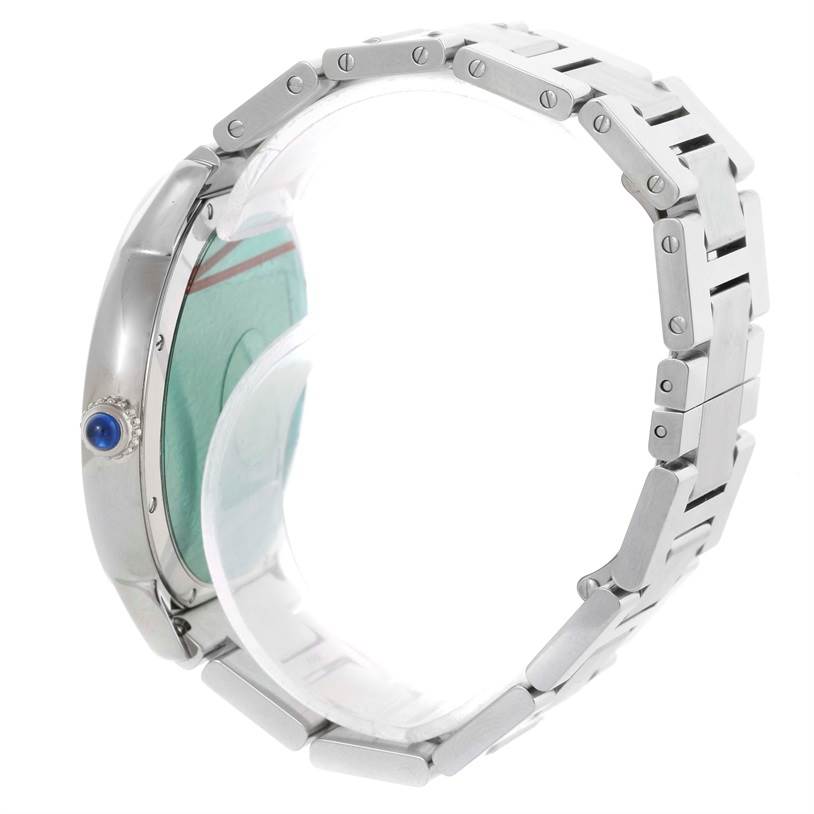 This image shows a side view of the Cartier Ronde W6701011 Men
s Stainless Steel Silver Dial W6701011 Men
s Stainless Steel Silver Dial watch, highlighting its bracelet and crown.