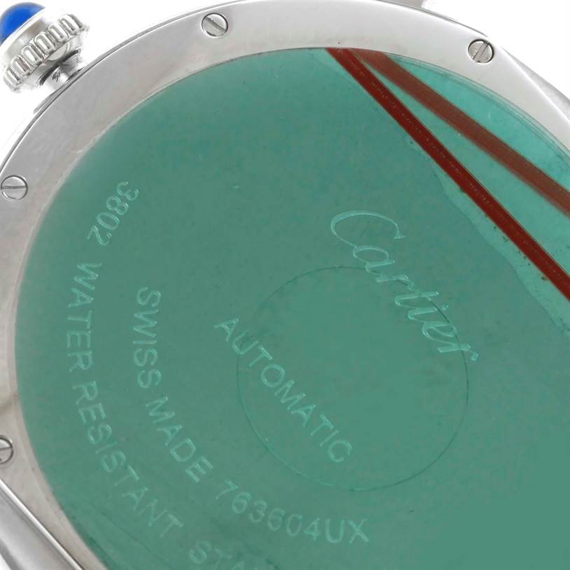 This image shows the back case of a Ronde model Cartier watch, highlighting the brand
s engraving.