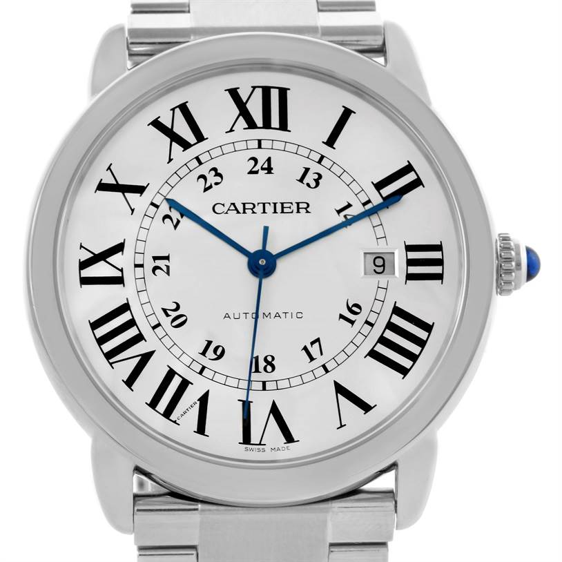 The image shows a front view of the Cartier Ronde W6701011 Men
s Stainless Steel Silver Dial W6701011 Men
s Stainless Steel Silver Dial model watch, highlighting its face, Roman numerals, date window, and blue hands.