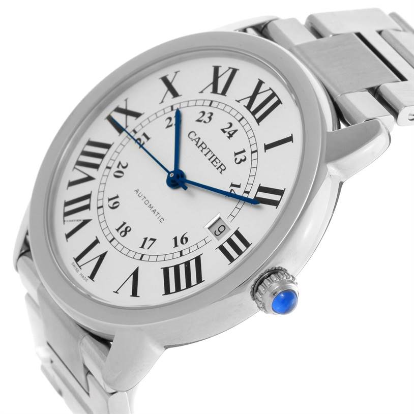 The image shows a close-up angled view of the Cartier Ronde W6701011 Men
s Stainless Steel Silver Dial W6701011 Men
s Stainless Steel Silver Dial watch, focusing on the face, crown, and part of the bracelet.