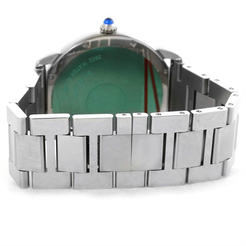 The image shows the back and bracelet of a Cartier Ronde W6701011 Men
s Stainless Steel Silver Dial W6701011 Men
s Stainless Steel Silver Dial watch, highlighting its stainless steel band and case back.