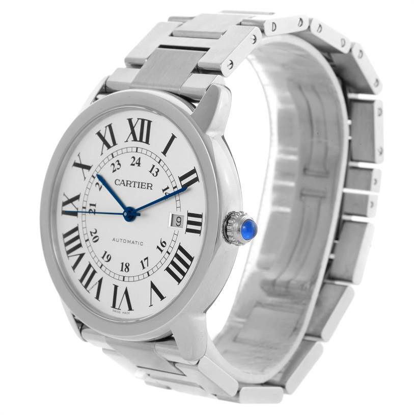 The image shows a Cartier Ronde W6701011 Men
s Stainless Steel Silver Dial W6701011 Men
s Stainless Steel Silver Dial watch at an angle highlighting the face, crown with a blue cabochon, and stainless steel bracelet.