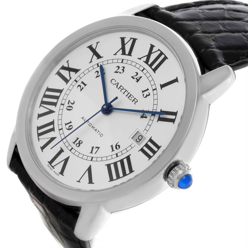 The image shows a close-up angle of the Cartier Ronde W6701010 Men
s Stainless Steel Silver Dial W6701010 Men
s Stainless Steel Silver Dial model, highlighting the watch face, crown, and part of the strap.