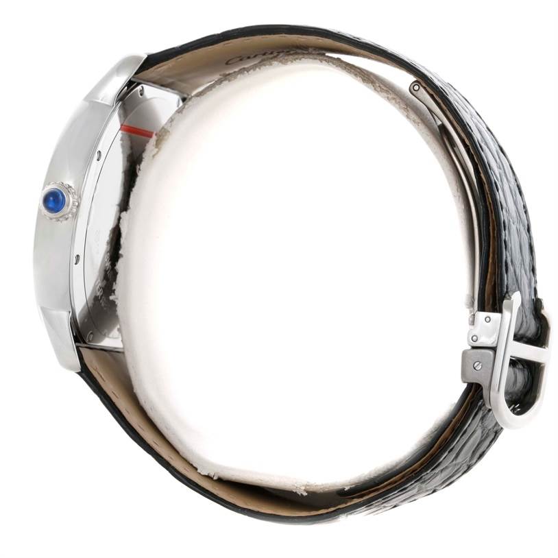 The image shows a side view of a Cartier Ronde W6701010 Men
s Stainless Steel Silver Dial W6701010 Men
s Stainless Steel Silver Dial watch, focusing on the case, crown, and leather strap.