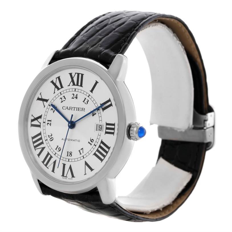 The image shows a Cartier Ronde W6701010 Men
s Stainless Steel Silver Dial W6701010 Men
s Stainless Steel Silver Dial model watch from a front angle, highlighting its face, strap, and side crown detail.