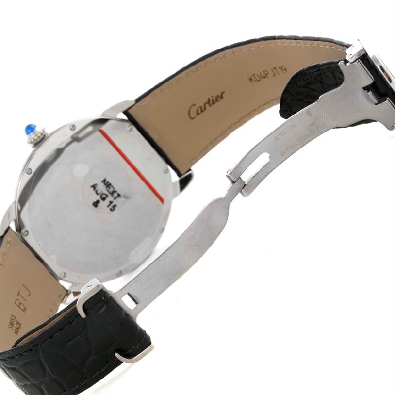 The image shows the back of the Cartier Ronde W6701010 Men
s Stainless Steel Silver Dial W6701010 Men
s Stainless Steel Silver Dial watch, highlighting the leather strap, deployment clasp, and case back.