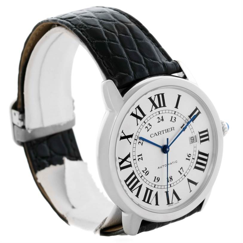 The Cartier Ronde W6701010 Men
s Stainless Steel Silver Dial W6701010 Men
s Stainless Steel Silver Dial watch is shown at a three-quarter angle, highlighting the face, strap, and crown.