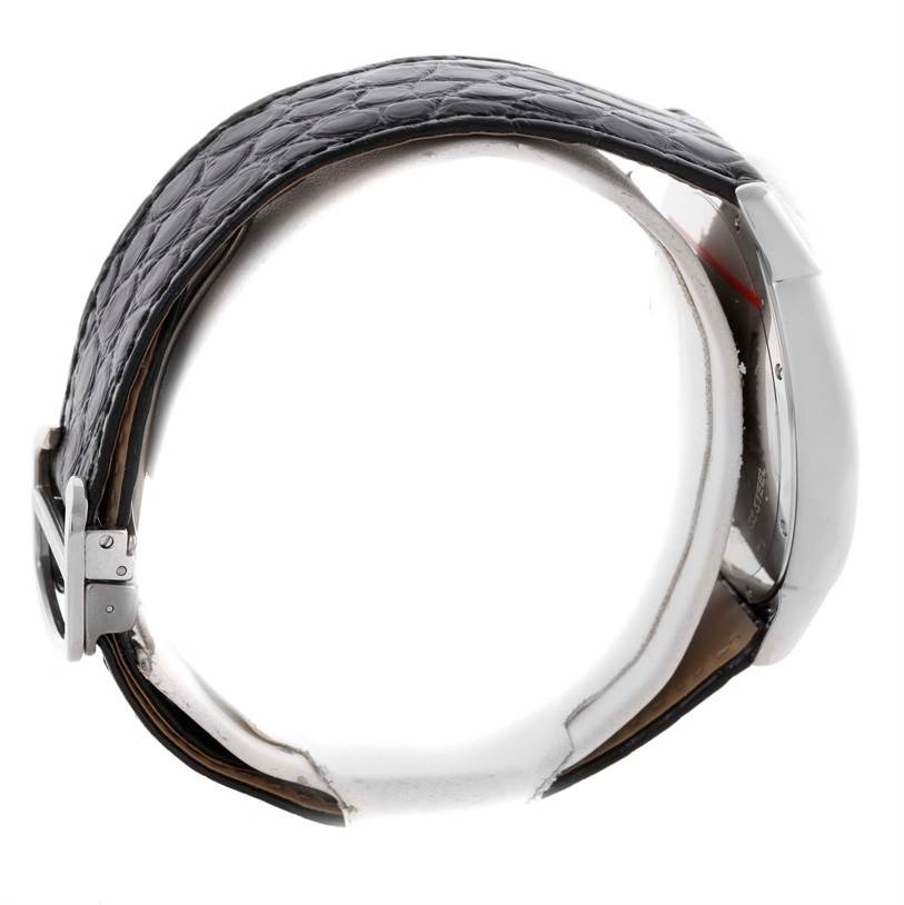 The image shows a side view of a Cartier Ronde W6701010 Men
s Stainless Steel Silver Dial W6701010 Men
s Stainless Steel Silver Dial model watch, highlighting the strap, case, and buckle.