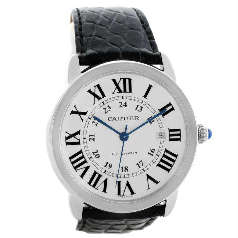 The Cartier Ronde W6701010 Men
s Stainless Steel Silver Dial W6701010 Men
s Stainless Steel Silver Dial watch is shown from a front angle, displaying its face, Roman numeral dial, and black leather strap.