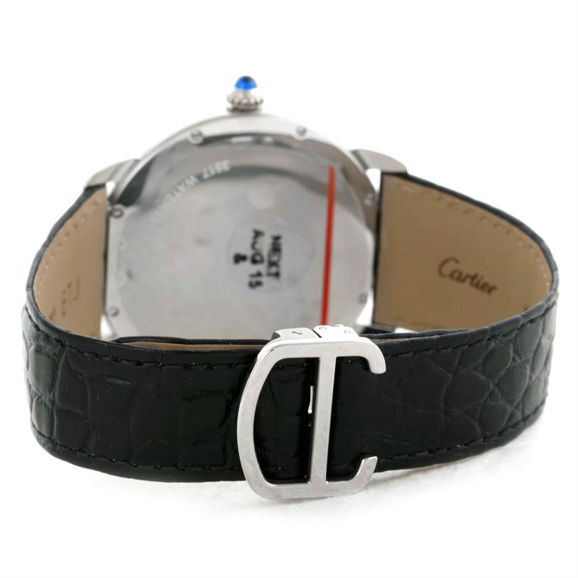 The image shows the back of the Cartier Ronde W6701010 Men
s Stainless Steel Silver Dial W6701010 Men
s Stainless Steel Silver Dial watch, highlighting its strap and buckle.