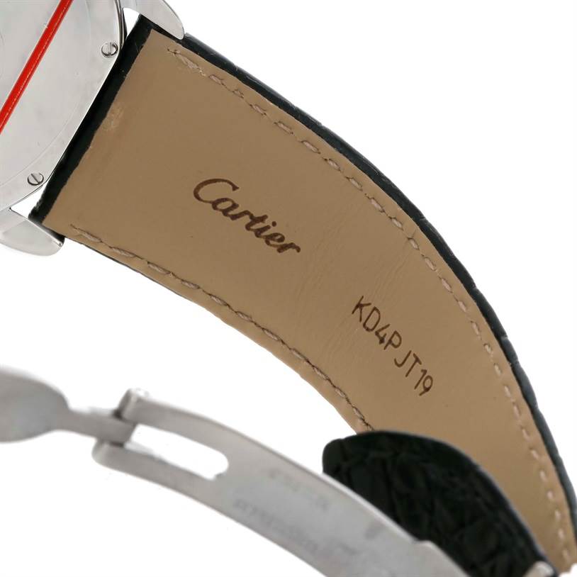 The image shows the inside of the leather strap of a Cartier Ronde W6701010 Men
s Stainless Steel Silver Dial W6701010 Men
s Stainless Steel Silver Dial watch, featuring the brand name and model code.