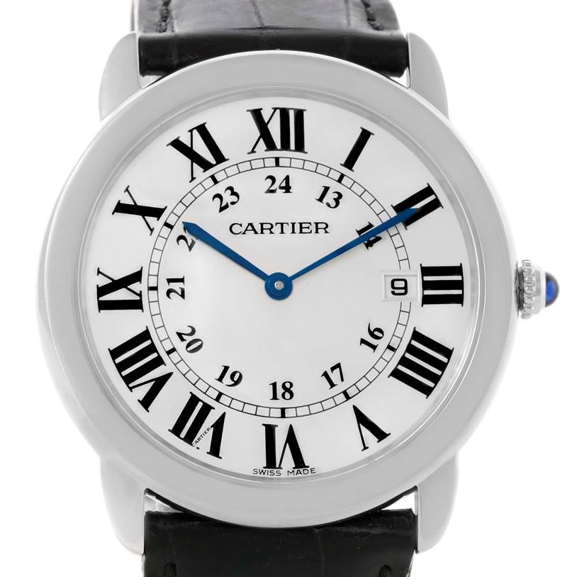 The image shows a frontal view of a Cartier Ronde W6700255 Men's Stainless Steel Silver Dial W6700255 Men's Stainless Steel Silver Dial model watch, highlighting its dial, Roman numerals, and black leather strap.