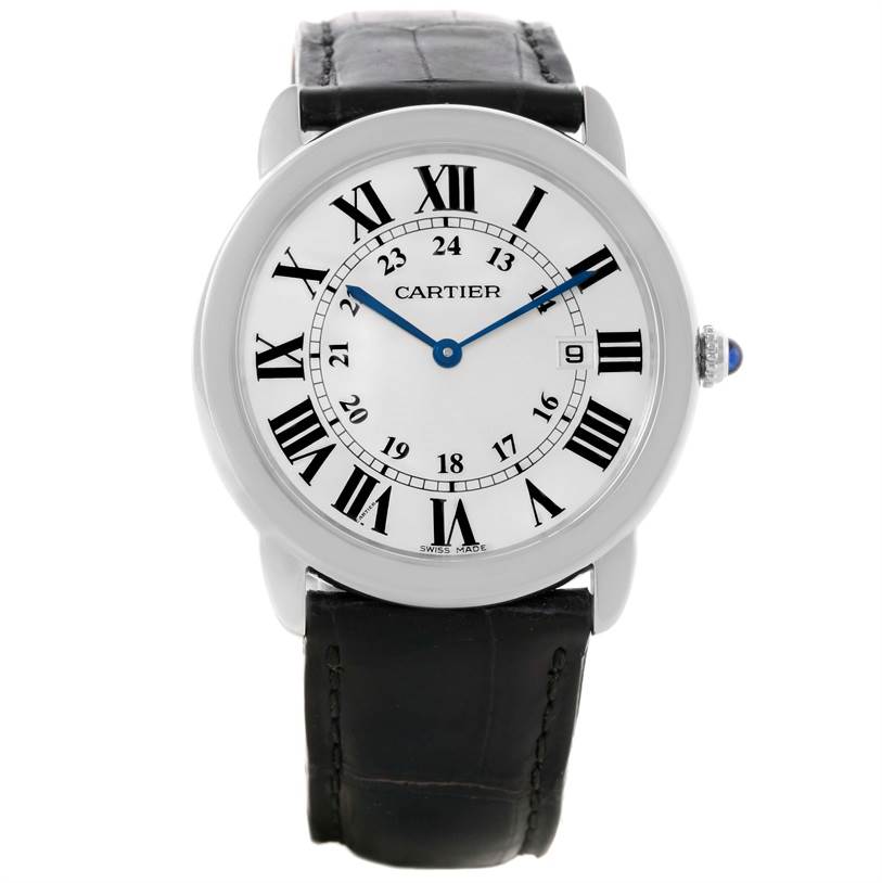 This image shows a front-view angle of the Cartier Ronde W6700255 Men's Stainless Steel Silver Dial W6700255 Men's Stainless Steel Silver Dial model watch displaying its dial, Roman numerals, hands, and leather strap.