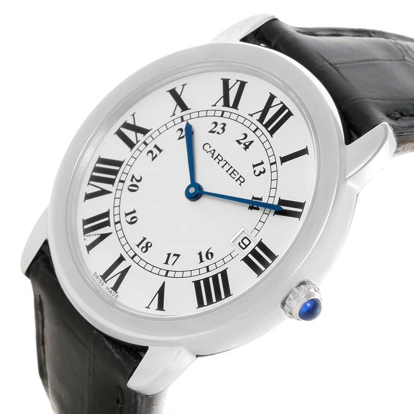 The image shows a front-angle view of a Cartier Ronde W6700255 Men's Stainless Steel Silver Dial W6700255 Men's Stainless Steel Silver Dial watch, highlighting its face, blue hands, Roman numerals, and leather strap.