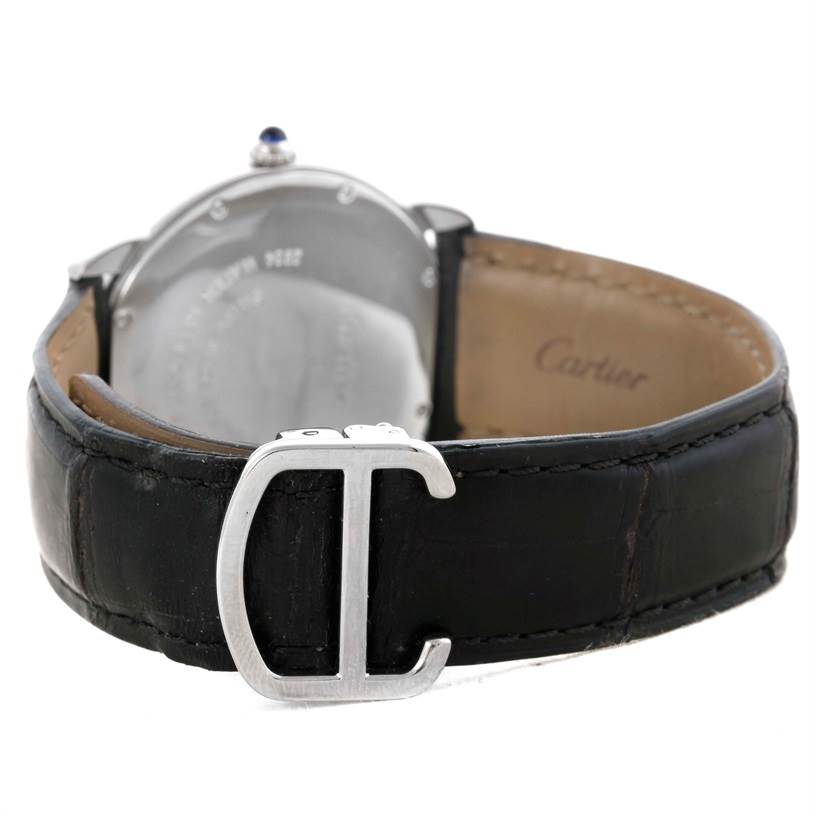 The image shows the back and buckle of a Cartier Ronde W6700255 Men's Stainless Steel Silver Dial W6700255 Men's Stainless Steel Silver Dial watch, featuring a black leather strap and the Cartier logo.