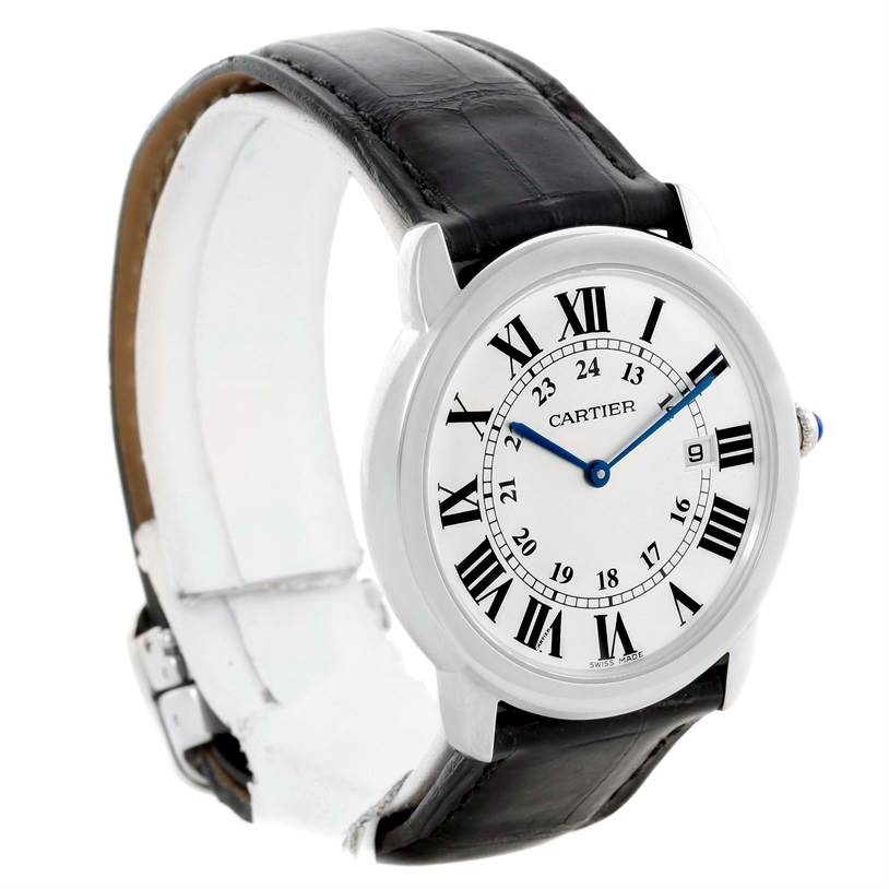 The image shows a Cartier Ronde W6700255 Men's Stainless Steel Silver Dial W6700255 Men's Stainless Steel Silver Dial watch at a slight angle, highlighting the white dial with Roman numerals and leather strap.