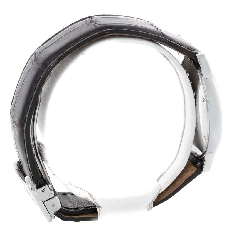 The image shows the side view of a Cartier Ronde W6700255 Men's Stainless Steel Silver Dial W6700255 Men's Stainless Steel Silver Dial watch, highlighting its black leather strap and clasp.