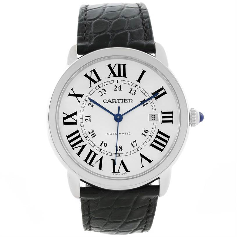 This image shows a front view of a Cartier Ronde W6701010 Men's Stainless Steel Silver Dial W6701010 Men's Stainless Steel Silver Dial model watch, highlighting the dial, numerals, hands, crown, and leather strap.