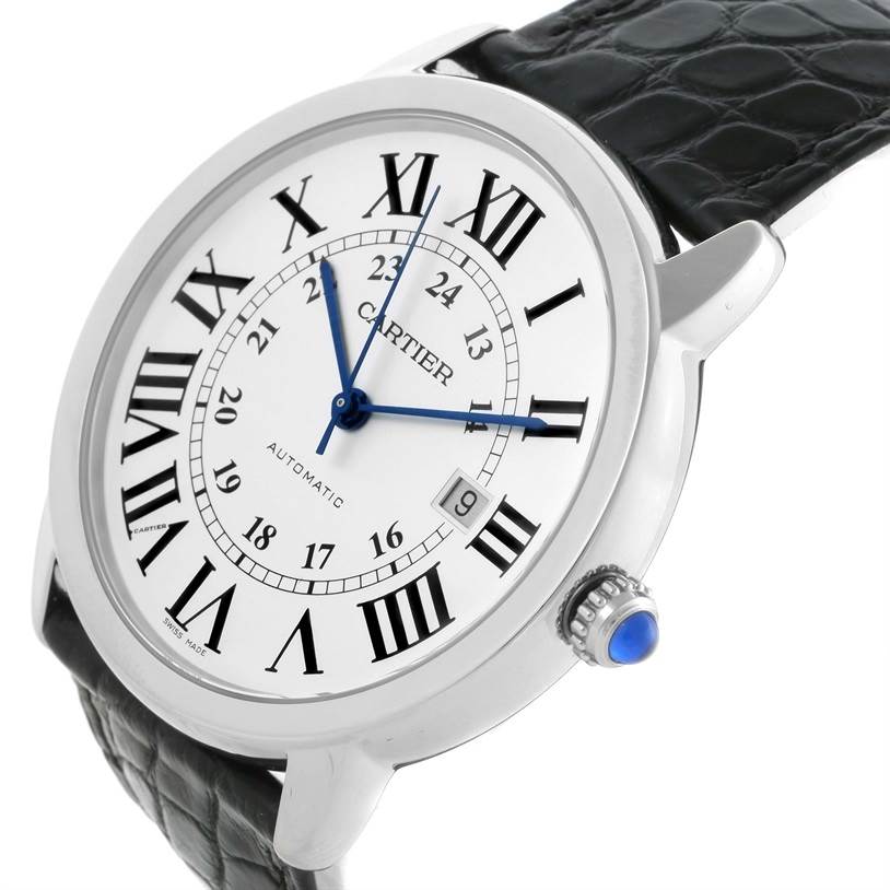 The image shows a side angle of the Cartier Ronde W6701010 Men's Stainless Steel Silver Dial W6701010 Men's Stainless Steel Silver Dial model watch, highlighting its face, bezel, crown, and strap.