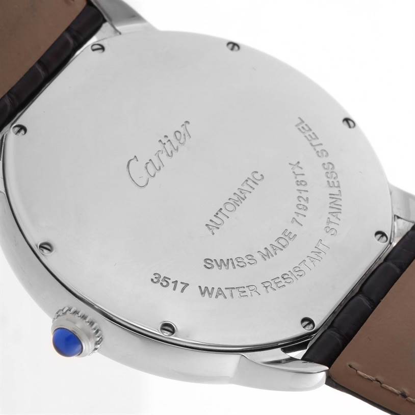 The image shows the back case and crown of the Cartier Ronde W6701010 Men's Stainless Steel Silver Dial W6701010 Men's Stainless Steel Silver Dial model watch from an angled side view.