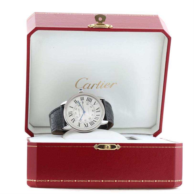 The Ronde model by Cartier is shown from the front, displayed in its branded red box.