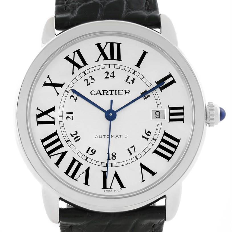The image shows a Cartier Ronde W6701010 Men's Stainless Steel Silver Dial W6701010 Men's Stainless Steel Silver Dial model watch from a front-facing angle, highlighting the dial, Roman numerals, hands, and date window.
