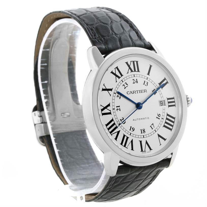 The image displays a Cartier Ronde W6701010 Men's Stainless Steel Silver Dial W6701010 Men's Stainless Steel Silver Dial watch at a slight angle, showcasing the face, bezel, and a portion of the leather strap.