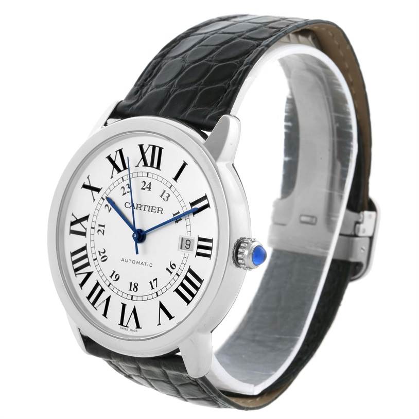 The image shows a Cartier Ronde W6701010 Men's Stainless Steel Silver Dial W6701010 Men's Stainless Steel Silver Dial watch from a front-side angle, highlighting the dial, crown, and leather strap.