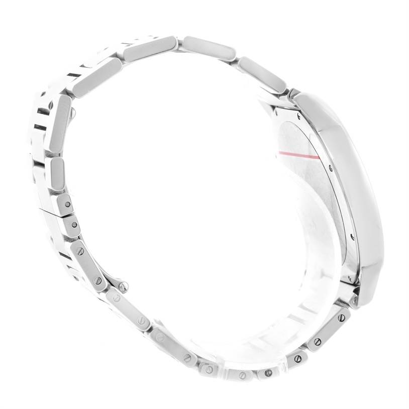The image shows the side view of a Cartier Ronde W6701011 Men's Stainless Steel Silver Dial W6701011 Men's Stainless Steel Silver Dial model watch, highlighting the bracelet and case thickness.