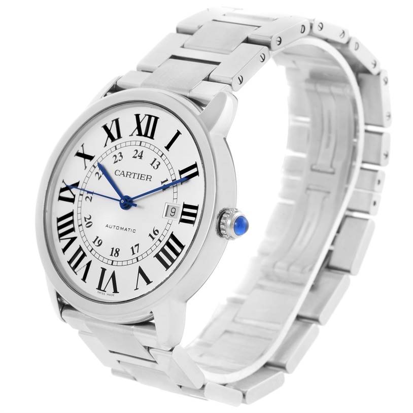 The image shows a Cartier Ronde W6701011 Men's Stainless Steel Silver Dial W6701011 Men's Stainless Steel Silver Dial watch at a slight angle displaying the face, crown, and metal bracelet.