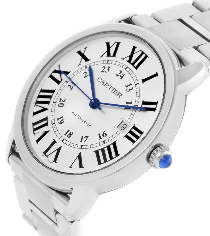 The Cartier Ronde W6701011 Men's Stainless Steel Silver Dial W6701011 Men's Stainless Steel Silver Dial watch is shown from a side angle, highlighting the Roman numeral dial, blue hands, and blue cabochon crown.