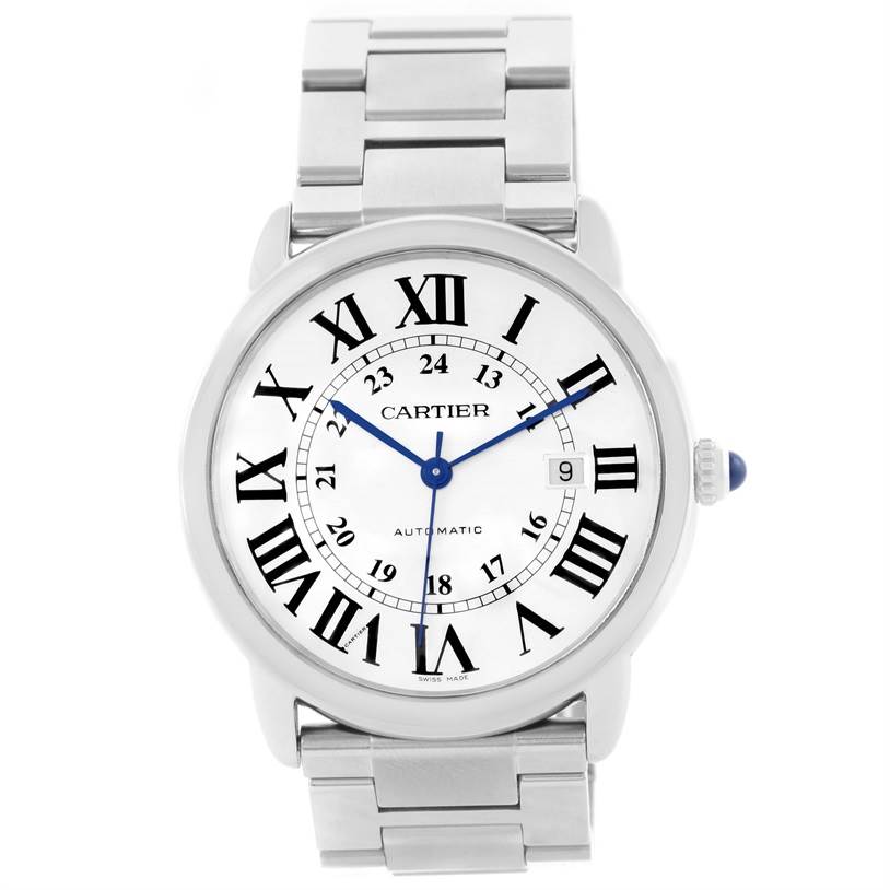 The image shows a front view of the Cartier Ronde W6701011 Men's Stainless Steel Silver Dial W6701011 Men's Stainless Steel Silver Dial watch, highlighting its dial, Roman numerals, blue hands, and metal bracelet.