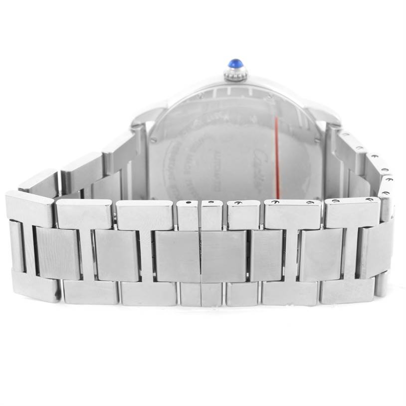 The image shows the rear view of a Cartier Ronde W6701011 Men's Stainless Steel Silver Dial W6701011 Men's Stainless Steel Silver Dial watch, focusing on its stainless steel bracelet and case back.