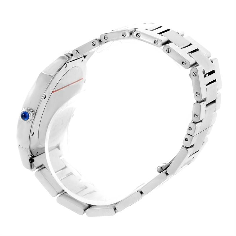 The image shows a side view of the Cartier Ronde W6701011 Men's Stainless Steel Silver Dial W6701011 Men's Stainless Steel Silver Dial watch, highlighting its case, crown, and stainless steel bracelet.