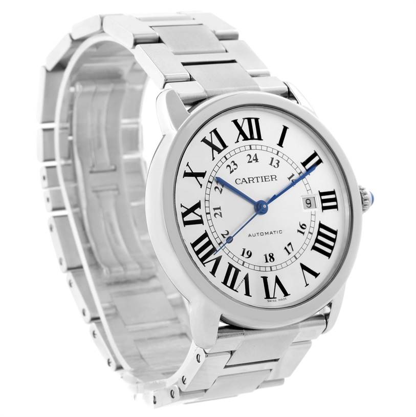The image shows a side and front angle of the Cartier Ronde W6701011 Men's Stainless Steel Silver Dial W6701011 Men's Stainless Steel Silver Dial watch, displaying its white dial, blue hands, Roman numerals, and metal bracelet.