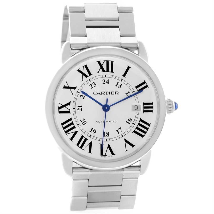 This image shows a front view of a Cartier Ronde W6701011 Men's Stainless Steel Silver Dial W6701011 Men's Stainless Steel Silver Dial watch, highlighting the face, hands, Roman numerals, and bracelet.