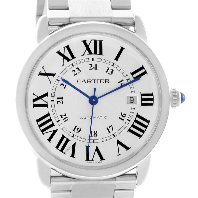 The image shows a frontal view of the Cartier Ronde W6701011 Men's Stainless Steel Silver Dial W6701011 Men's Stainless Steel Silver Dial watch, highlighting its dial, Roman numerals, and bracelet.
