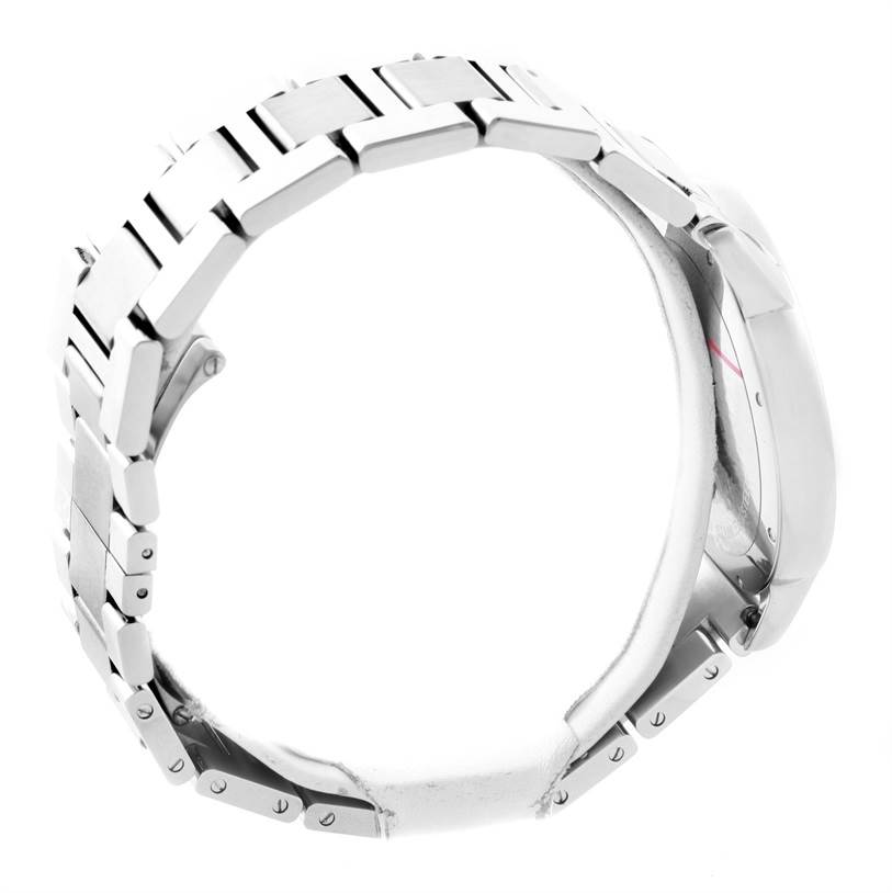 This image shows a side view of the Cartier Ronde W6701011 Men's Stainless Steel Silver Dial W6701011 Men's Stainless Steel Silver Dial model watch, highlighting its bracelet and case.