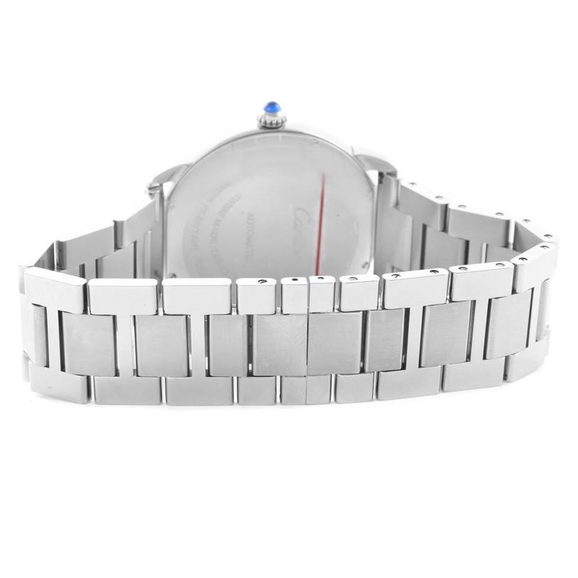 The image shows the back view of a Cartier Ronde W6701011 Men's Stainless Steel Silver Dial W6701011 Men's Stainless Steel Silver Dial watch, focusing on its metal bracelet and case back.
