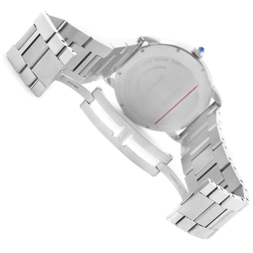 The image shows the back and bracelet of a Cartier Ronde W6701011 Men's Stainless Steel Silver Dial W6701011 Men's Stainless Steel Silver Dial watch at a side angle, focusing on the clasp and links.