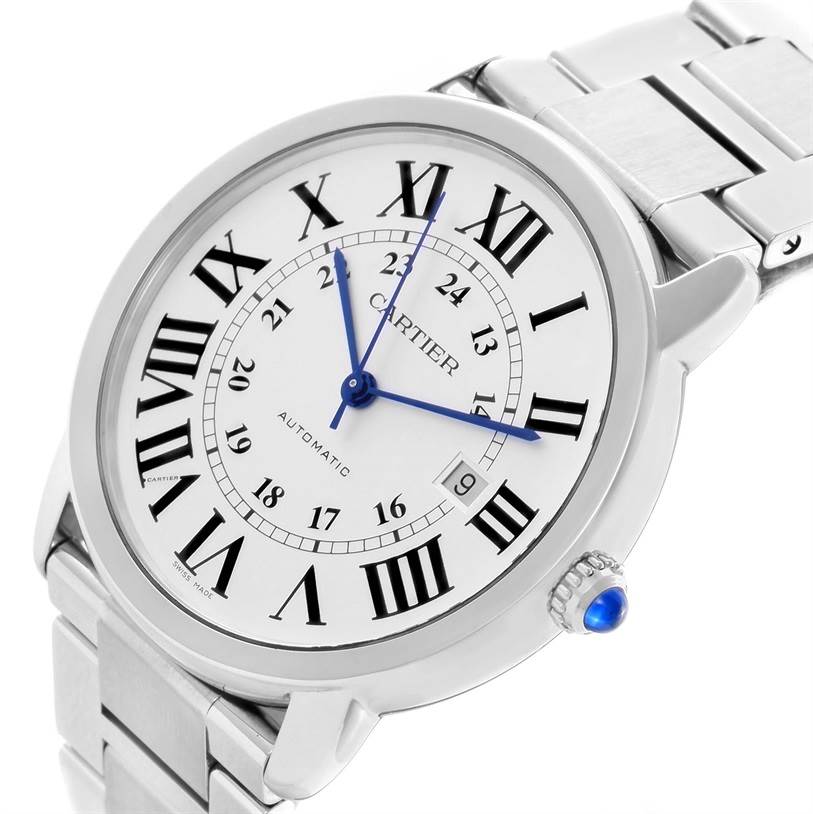 The image shows a Cartier Ronde W6701011 Men's Stainless Steel Silver Dial W6701011 Men's Stainless Steel Silver Dial watch with a silver bracelet, Roman numeral dial, and blue hands, viewed at an angled close-up.
