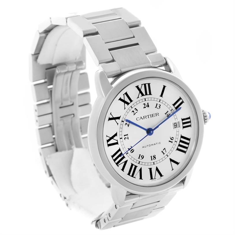 The image shows a Cartier Ronde W6701011 Men's Stainless Steel Silver Dial W6701011 Men's Stainless Steel Silver Dial model watch at a three-quarter angle, highlighting the dial, bracelet, and side profile.